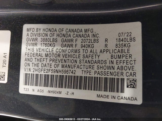 Honda Civic Sport 2022 2HGFE2F59NH596742 Image 9
