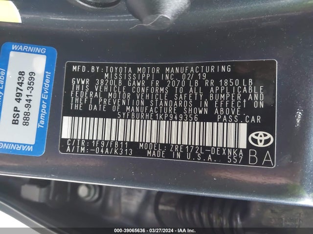 Toyota COROLLA LE 2019 5YFBURHE1KP949356 Image 9