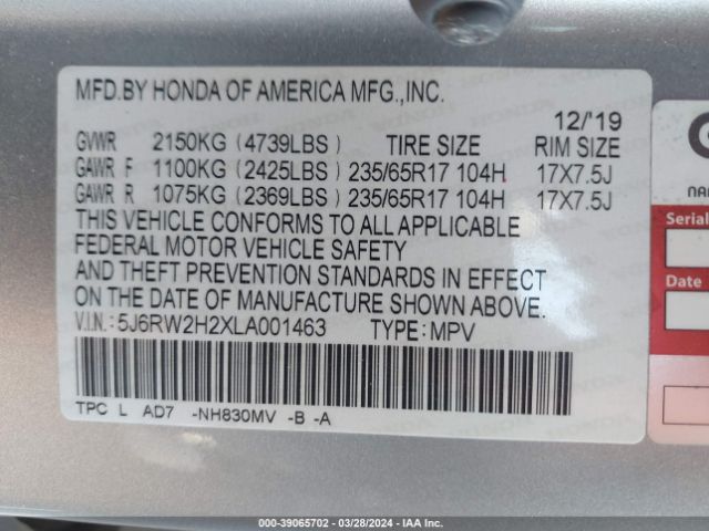 5J6RW2H2XLA001463 Honda Cr-v Awd Lx