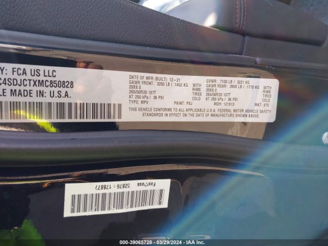 1C4SDJCTXMC850828 Dodge Durango R/t Awd