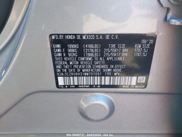 3CZRU6H31MM701091 Honda Hr-v Awd Lx