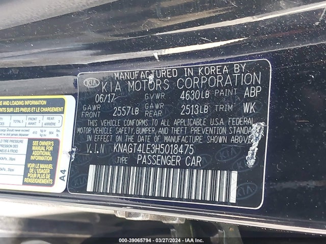 39065794 :رقم المزاد ، KNAGT4LE3H5018475 vin ، 2017 Kia Optima Hybrid مزاد بيع