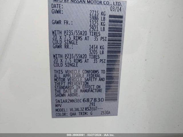 Nissan Pathfinder Platinum 2014 5N1AR2MN3EC687830 Image 9