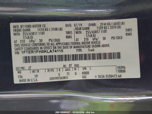 Ford RANGER XL 2019 1FTER1FH0KLA74115 Image 9