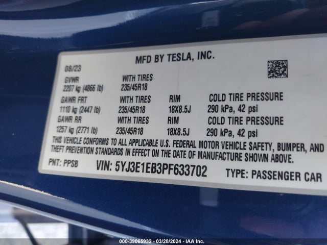 Tesla Model 3 Long Range Dual Motor All-wheel Drive 2023 5YJ3E1EB3PF633702 Image 9