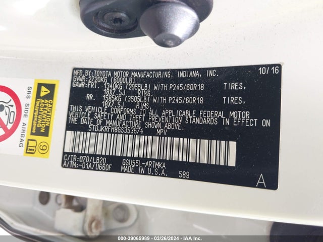 Toyota Highlander Xle V6 2016 5TDJKRFH8GS353674 Image 9