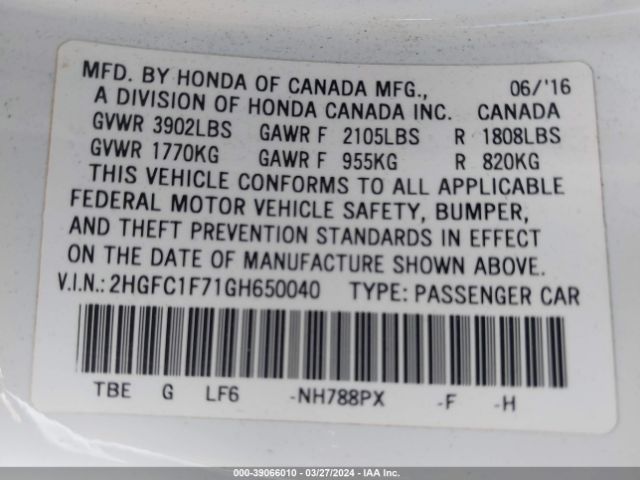 2HGFC1F71GH650040 Honda Civic Ex-l