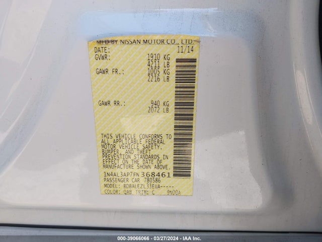 Nissan Altima 2.5 S 2015 1N4AL3AP7FN368461 Image 9
