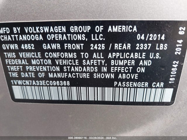 1VWCN7A33EC096368 Volkswagen Passat 2.0l Tdi Sel Premium
