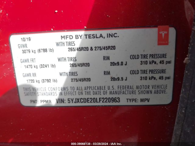 5YJXCDE20LF220963 Tesla Model X Long Range Dual Motor All-wheel Drive/long Range Plus Dual Motor All-wheel Drive