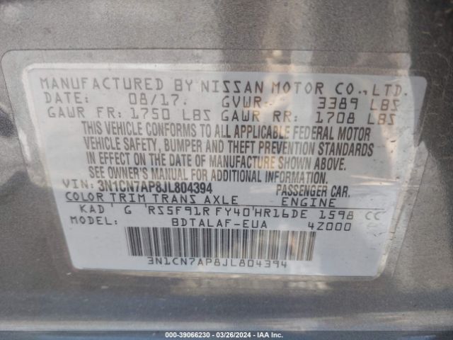 3N1CN7AP8JL804394 Nissan Versa 1.6 S