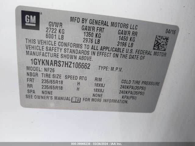 1GYKNARS7HZ106662 Cadillac Xt5 Standard