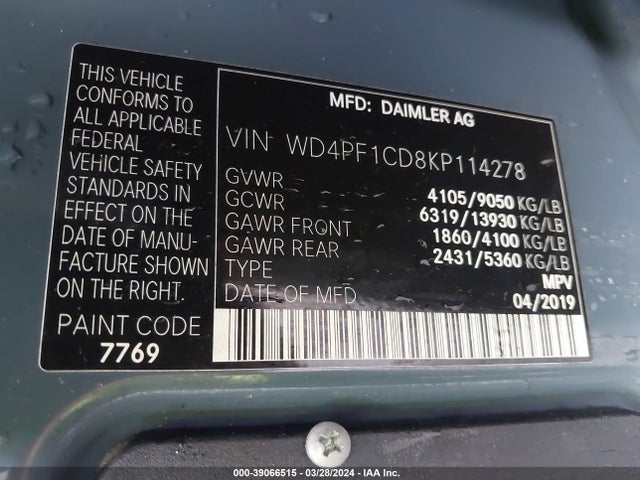 WD4PF1CD8KP114278 Mercedes-Benz Sprinter 2500 High Roof V6