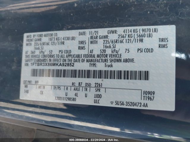 1FTBR3X86MKA92852 Ford Transit-250 Cargo Van