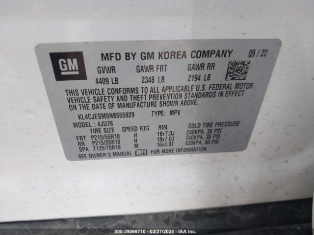 KL4CJESM9NB555929 Buick Encore Awd Preferred