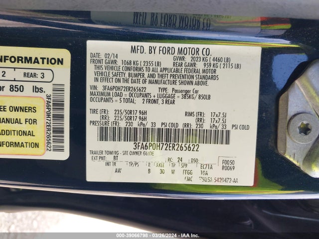 Ford FUSION SE 2014 3FA6P0H72ER265622 Image 9