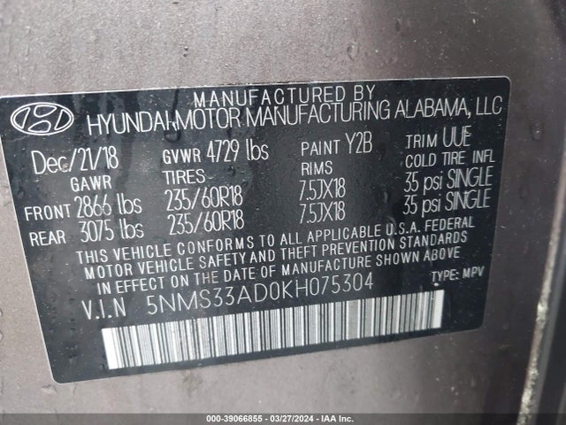 5NMS33AD0KH075304 Hyundai Santa Fe Sel Plus