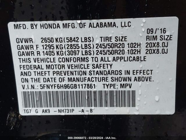 5FNYF6H96GB117861 Honda Pilot Touring