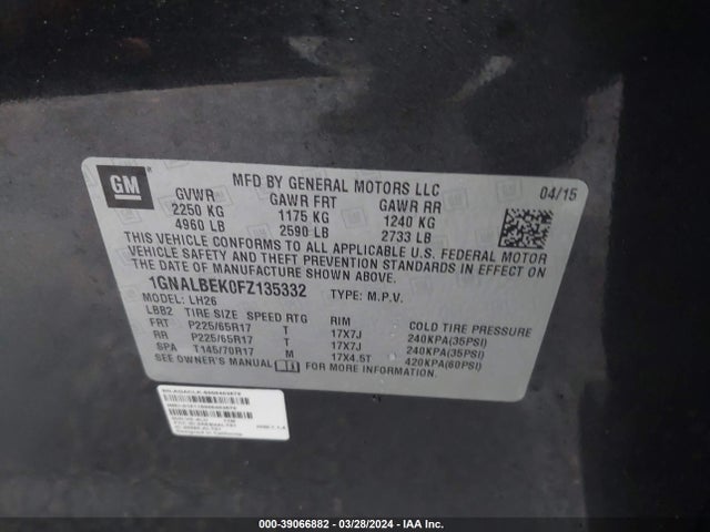 Chevrolet EQUINOX 1LT 2015 1GNALBEK0FZ135332 Image 9