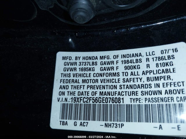 Honda Civic Lx 2016 19XFC2F56GE076081 Image 9