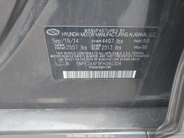 Hyundai SONATA SE 2015 5NPE24AF9FH090304 Image 9