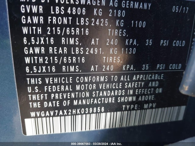 WVGAV7AX2HK039856 Volkswagen Tiguan 2.0t/2.0t S