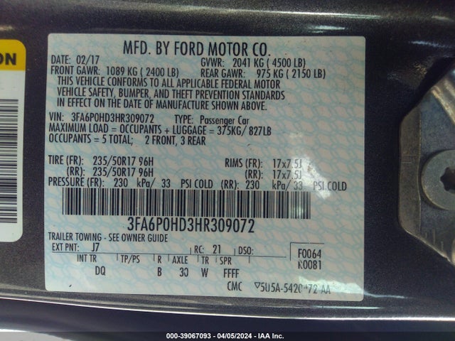 Ford FUSION SE 2017 3FA6P0HD3HR309072 Image 9