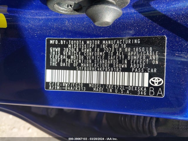 Toyota COROLLA SE 2019 5YFBURHE4KP859182 Image 9