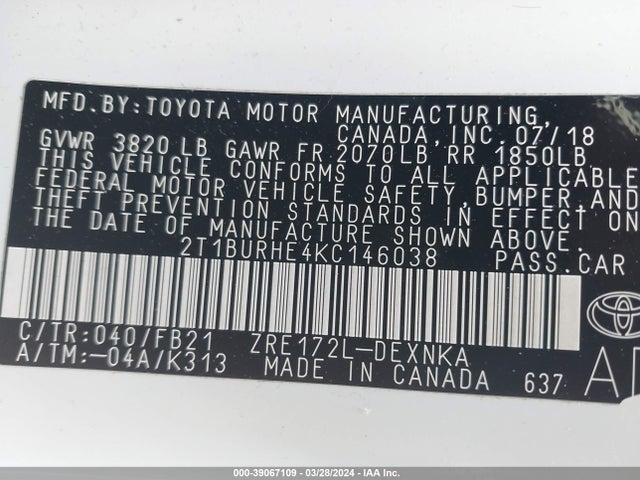 Toyota COROLLA LE 2019 2T1BURHE4KC146038 Image 9