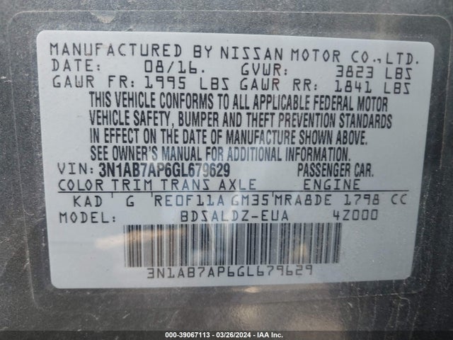 Nissan SENTRA SV 2016 3N1AB7AP6GL679629 Image 9