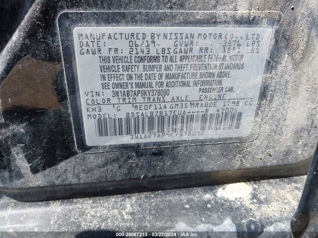 Nissan SENTRA S 2019 3N1AB7AP9KY378090 Image 9