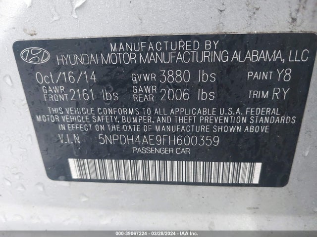 Hyundai ELANTRA SE 2015 5NPDH4AE9FH600359 Image 9