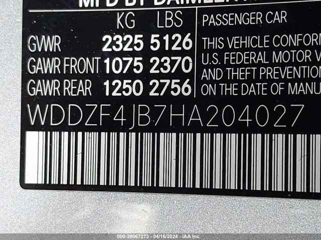 39067273 :رقم المزاد ، WDDZF4JB7HA204027 vin ، 2017 Mercedes-benz E 300 مزاد بيع