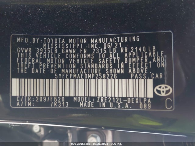 Toyota COROLLA LE 2021 5YFEPMAE0MP258226 Image 9