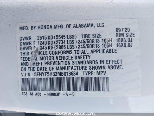 Honda Pilot 2wd Ex 2021 5FNYF5H33MB013684 Image 9
