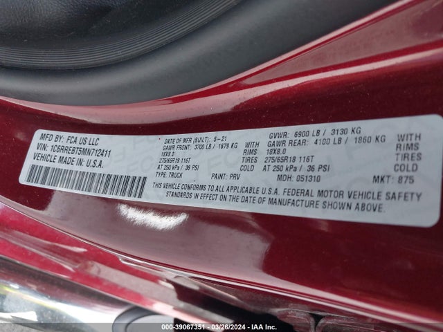 1C6RREBT5MN712411 RAM 1500 Big Horn Quad Cab 4x2 6'4 Box