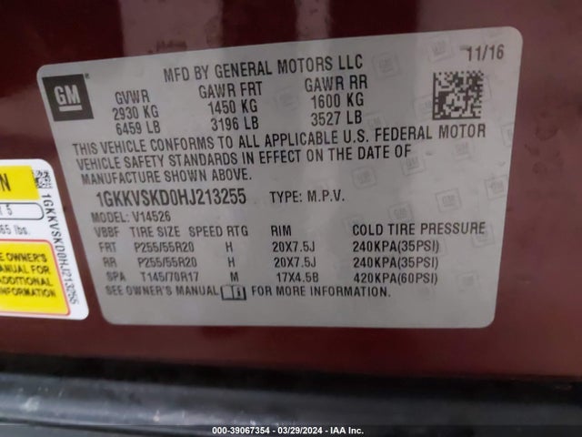 1GKKVSKD0HJ213255 GMC Acadia Limited