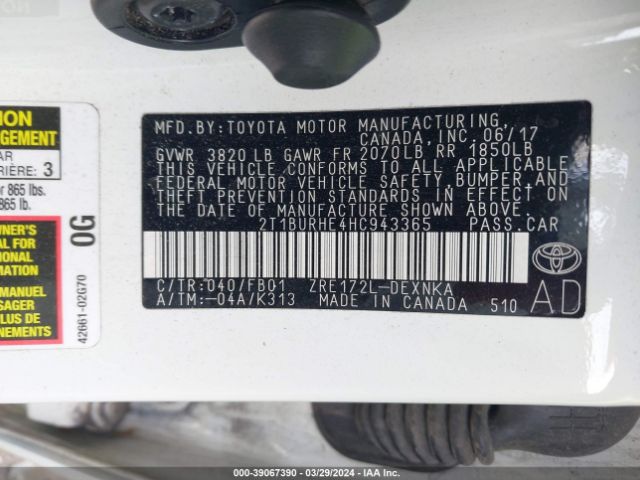 2T1BURHE4HC943365 Toyota COROLLA LE