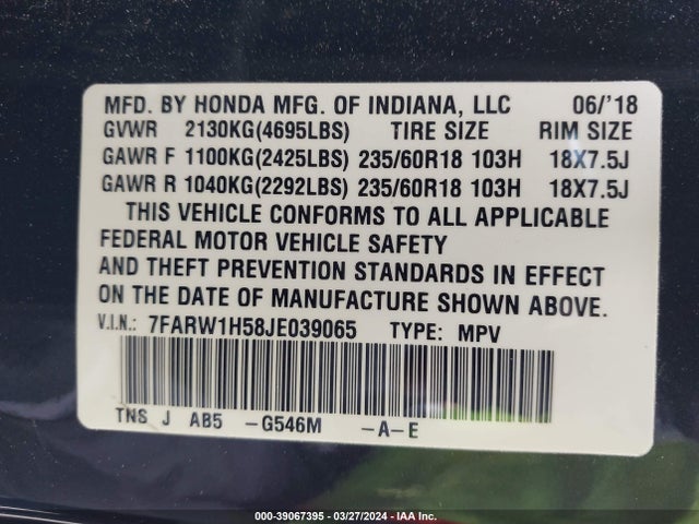 Honda CR-V EX 2018 7FARW1H58JE039065 Image 9