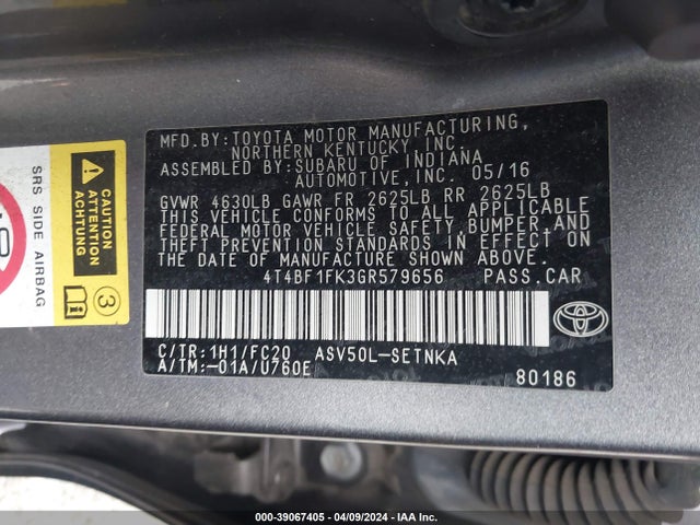 Toyota CAMRY LE 2016 4T4BF1FK3GR579656 Image 9