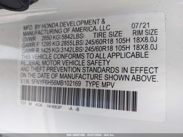 Honda Pilot Awd Ex-l 2021 5FNYF6H56MB102169 Image 9