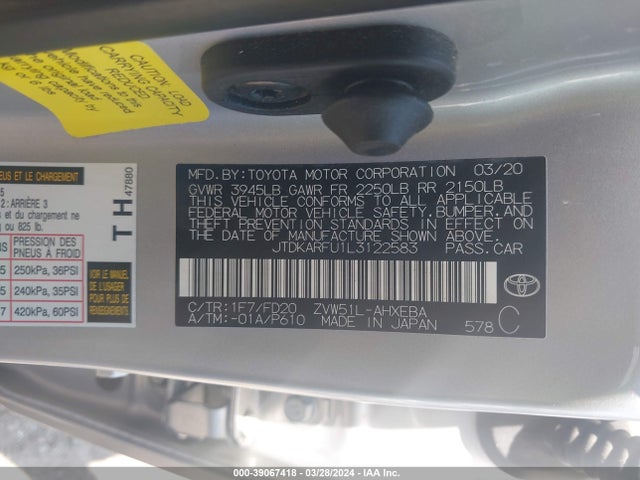 Toyota Prius Le 2020 JTDKARFU1L3122583 Image 9