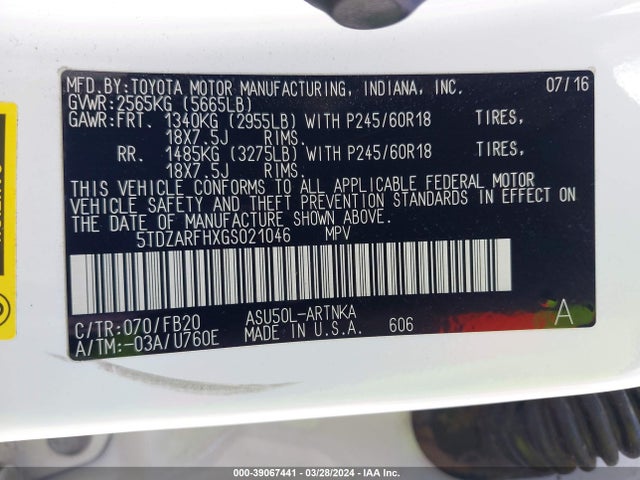 Toyota Highlander Le 2016 5TDZARFHXGS021046 Image 9