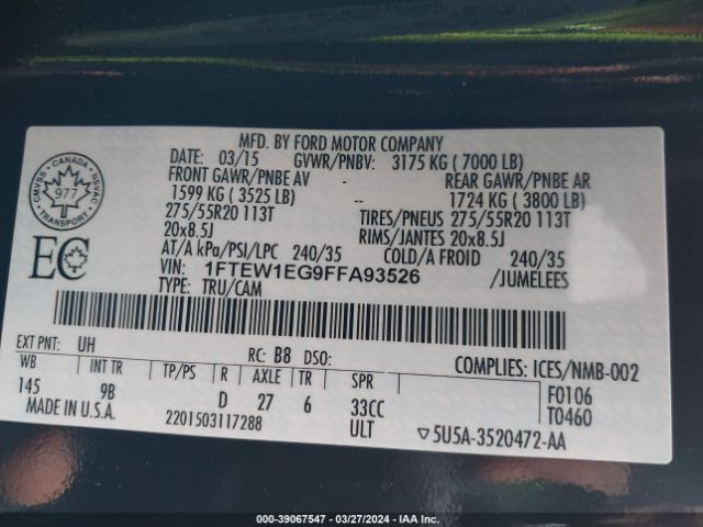 1FTEW1EG9FFA93526 Ford F-150 Platinum