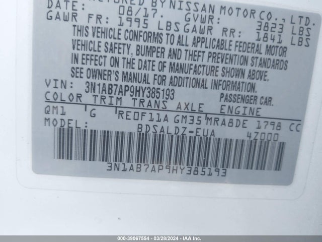 Nissan SENTRA SV 2017 3N1AB7AP9HY385193 Image 9