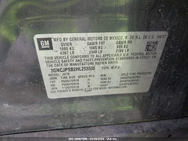 Chevrolet Trax Lt 2017 3GNCJPSB2HL253506 Image 9