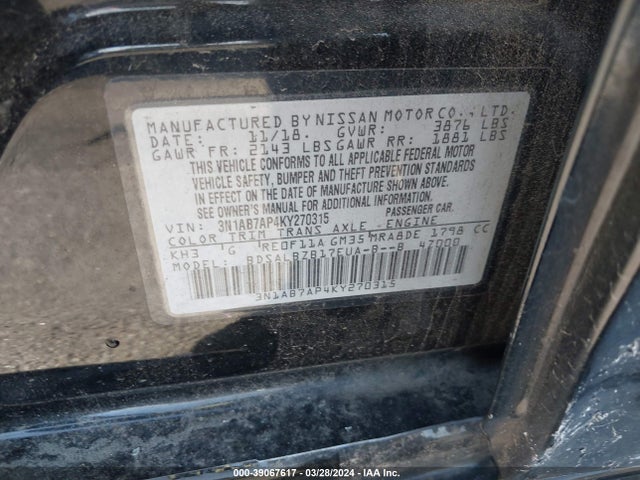 Nissan SENTRA S 2019 3N1AB7AP4KY270315 Image 9