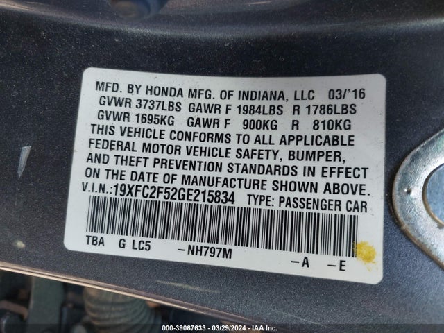 Honda Civic Lx 2016 19XFC2F52GE215834 Image 9