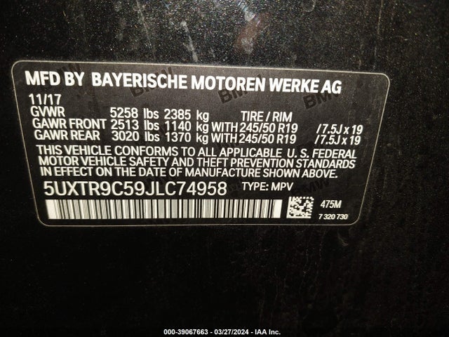 BMW X3 Xdrive30i 2018 5UXTR9C59JLC74958 Image 9