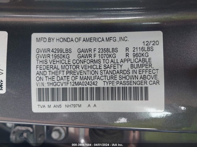 Honda ACCORD LX 2021 1HGCV1F12MA024242 Image 9